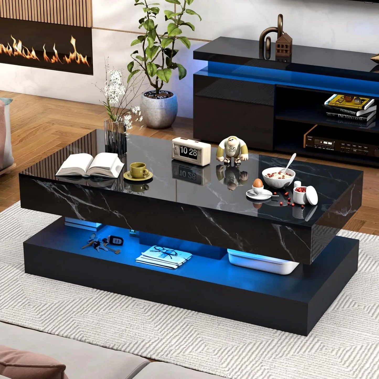 QiaoShiRen Modern LED Coffee Table With Double Layer Drawers