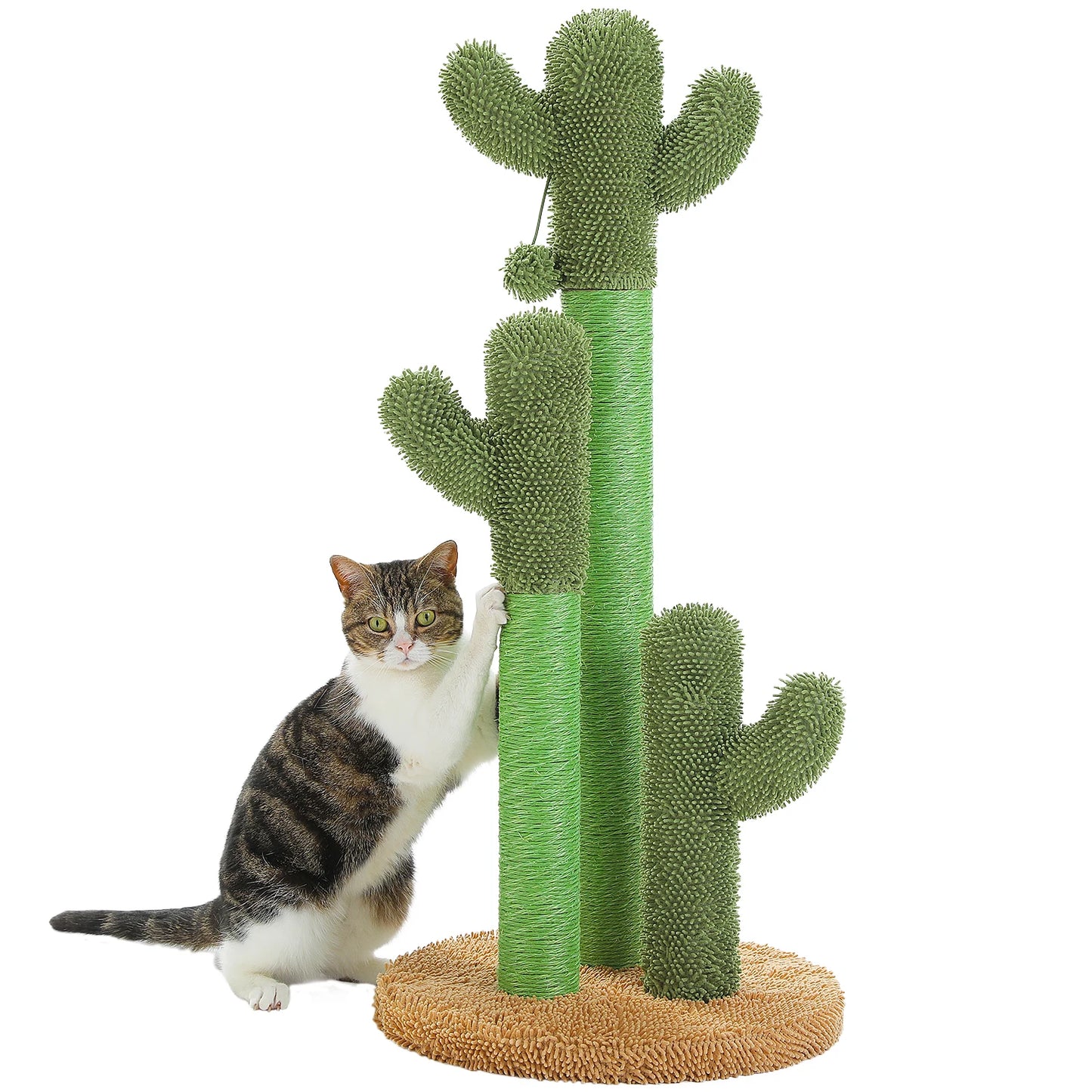 Cactus Cat Scratching Post for Indoor Cats Tall Cat Scratcher with 3 Sisal Scratching Poles Interactive Dangling Ball Cat Toys