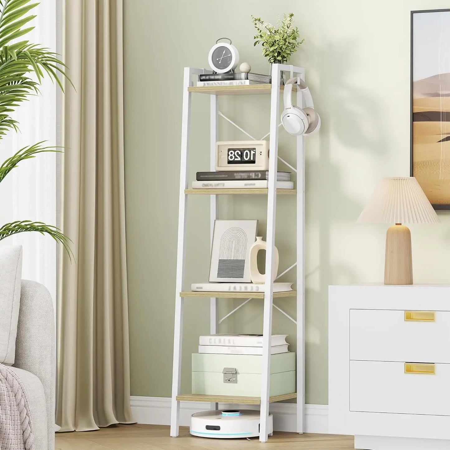 XIUWO Ladder Shelf Bookshelf With 2 Hooks Freestanding Corner Storage