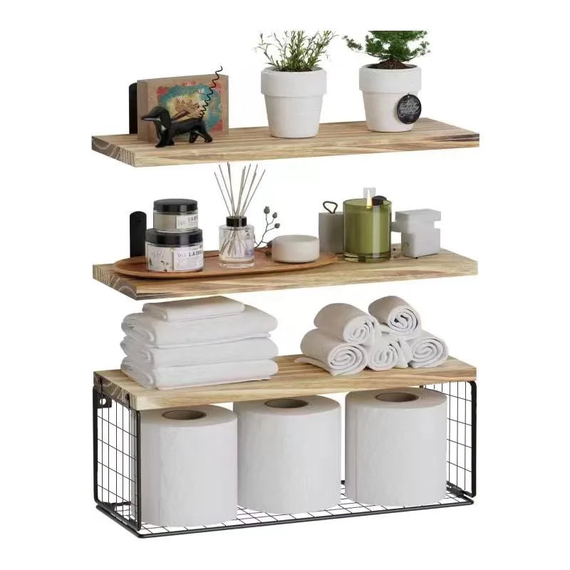 Wall Mounted Floating Shelves Triple Tier Wood Bathroom