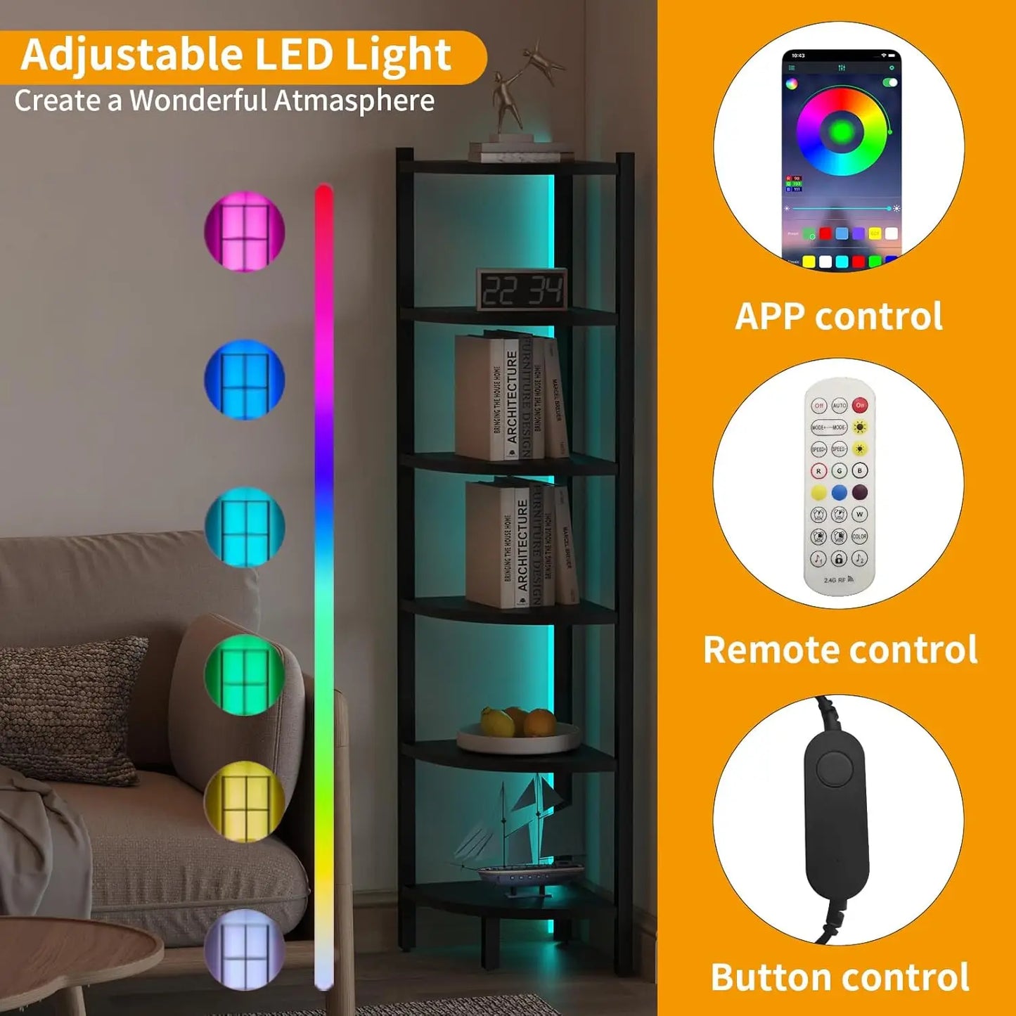 XMSJ 6-Tier Corner Bookshelf With LED Lights For Living Room