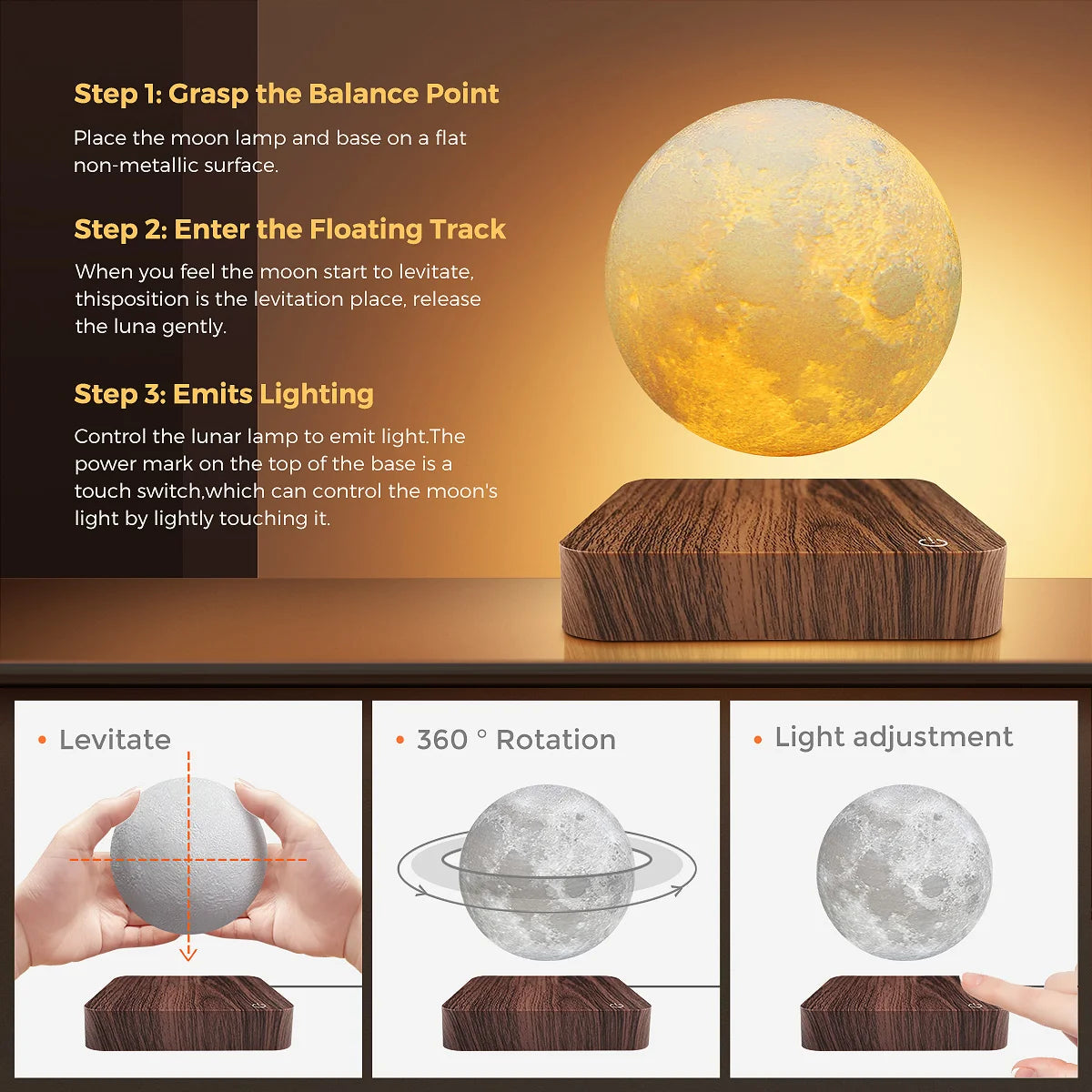 Mexllex Magnetic Floating Rotating Moon Lamp With Wooden Base