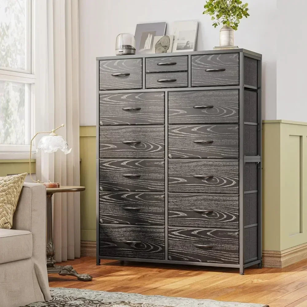 YQXH Tall Dresser With 14 Drawers Fabric Dresser Wood Top Metal Frame