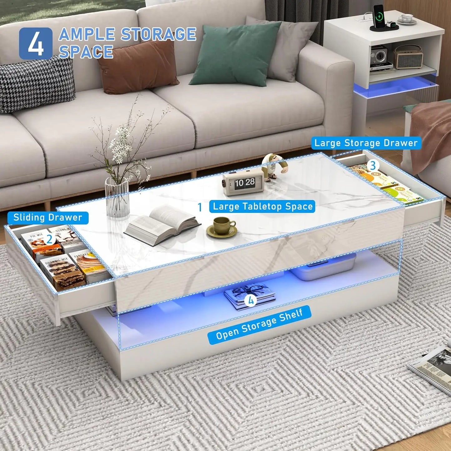 QiaoShiRen Modern LED Coffee Table With Double Layer Drawers
