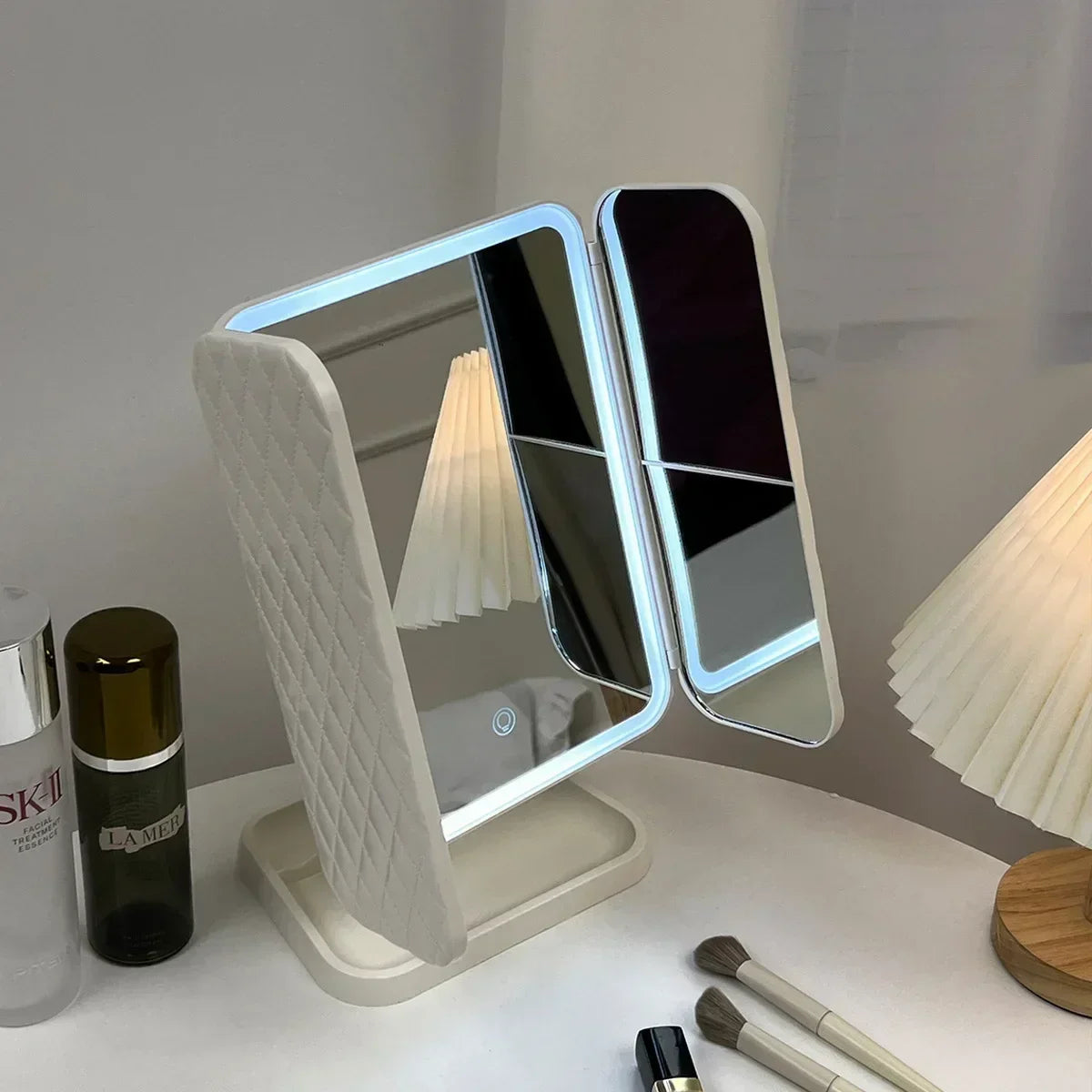 Trifold Vanity Makeup Mirror With Dimmable LED Lighting System Integrated