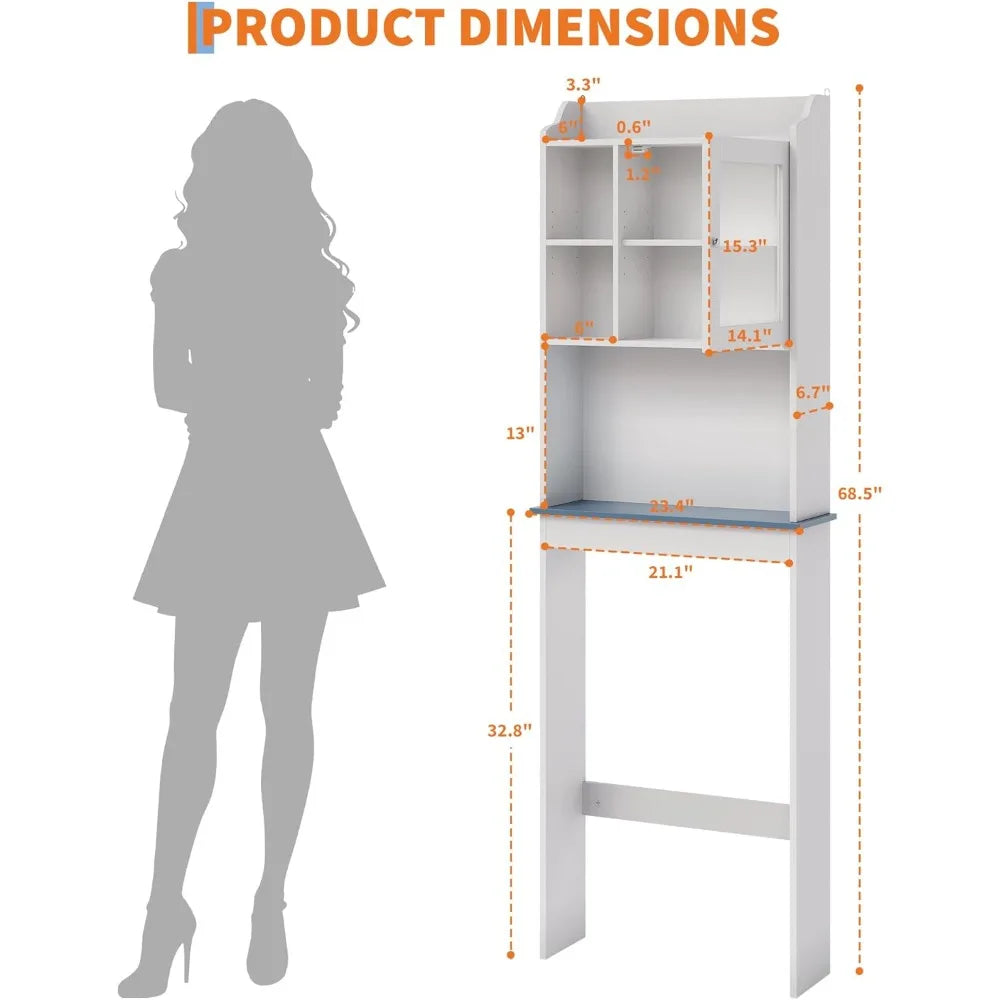 Tall Over Toilet Storage Cabinet With Glass Door