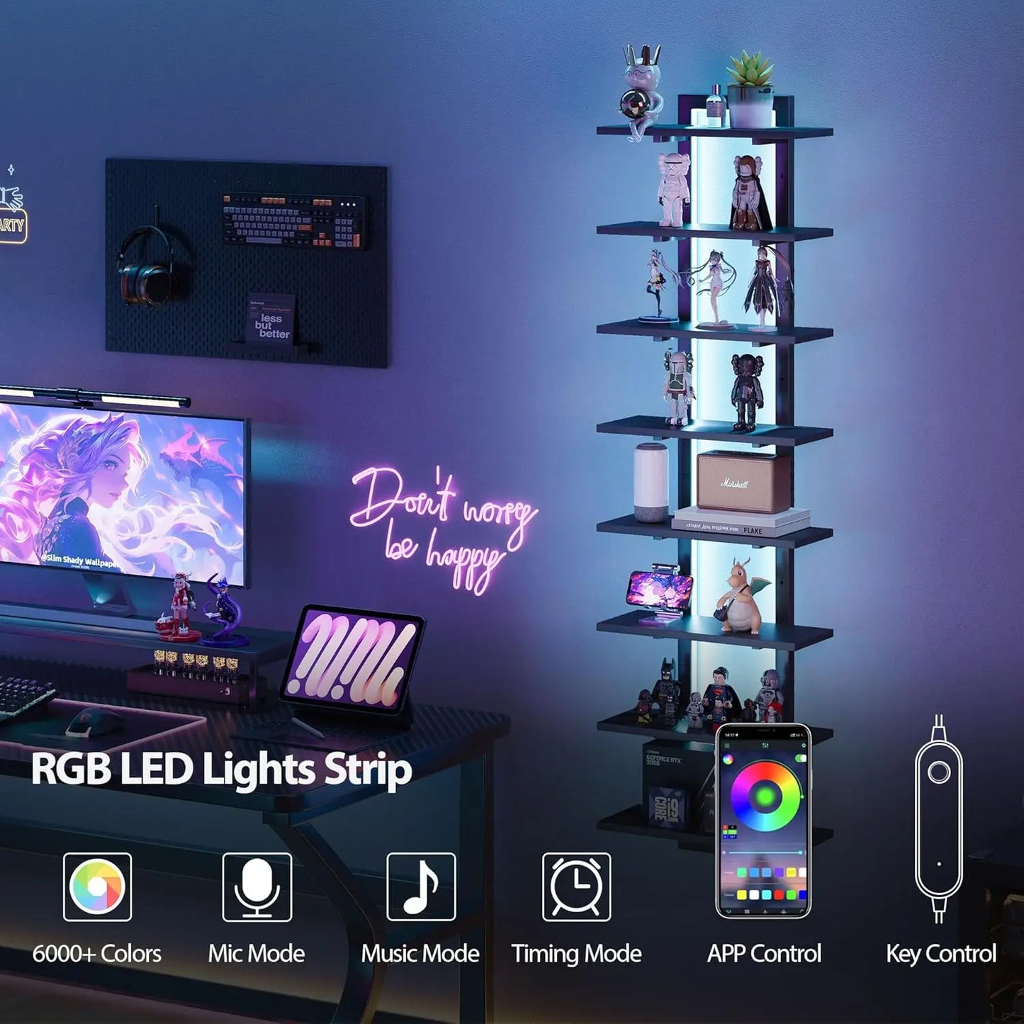 Floating 8-Tier Wall Shelf With LED Light Vertical Display