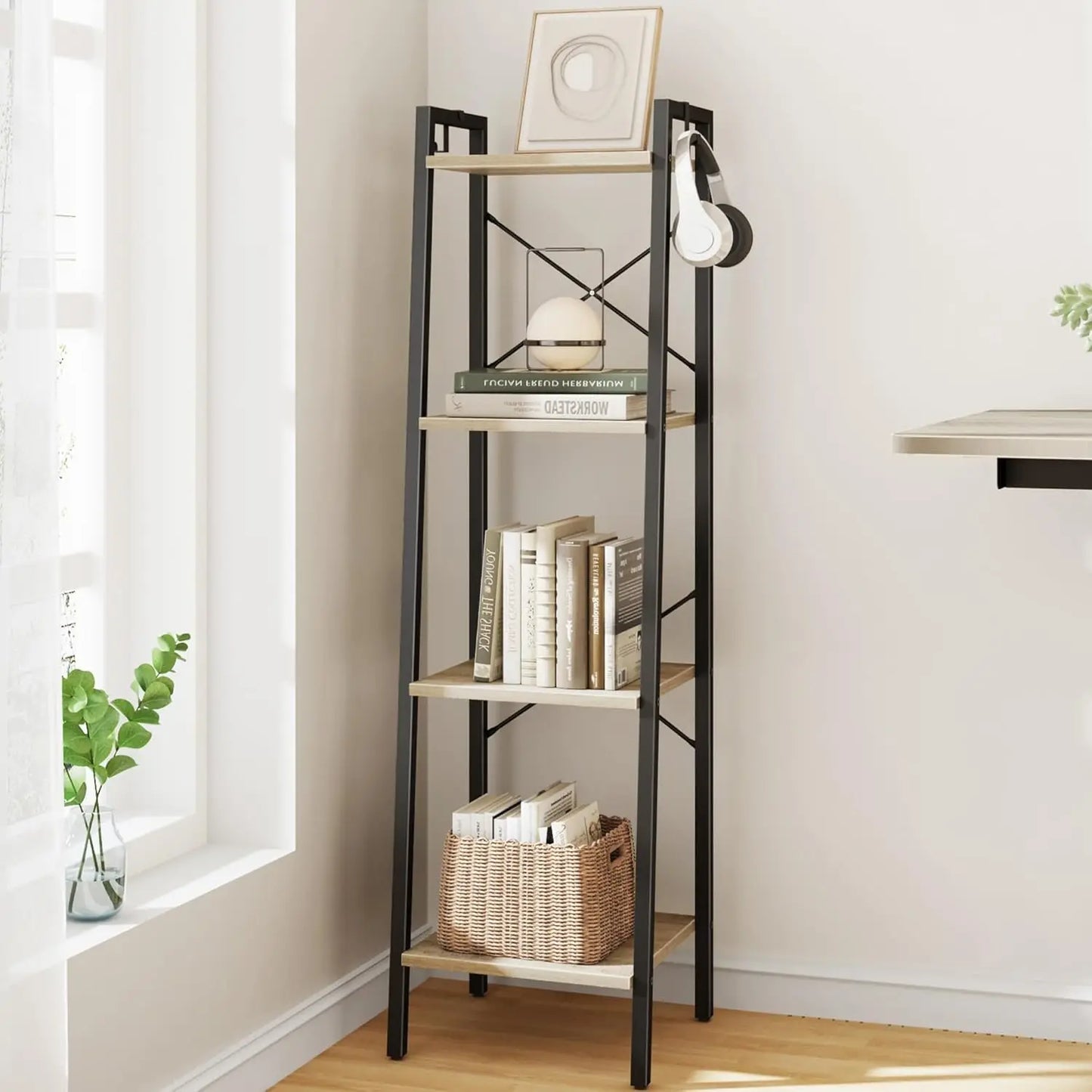 XIUWO Ladder Shelf Bookshelf With 2 Hooks Freestanding Corner Storage