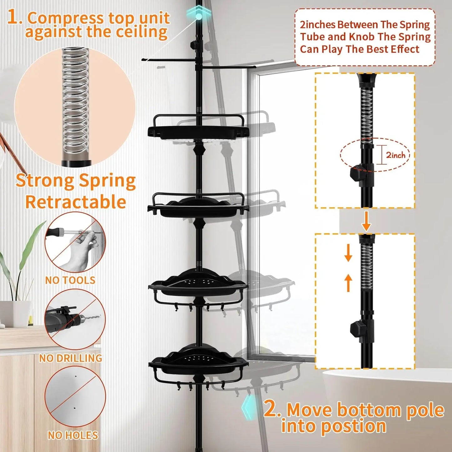 4-Tier Adjustable Shower Caddy With Tension Pole