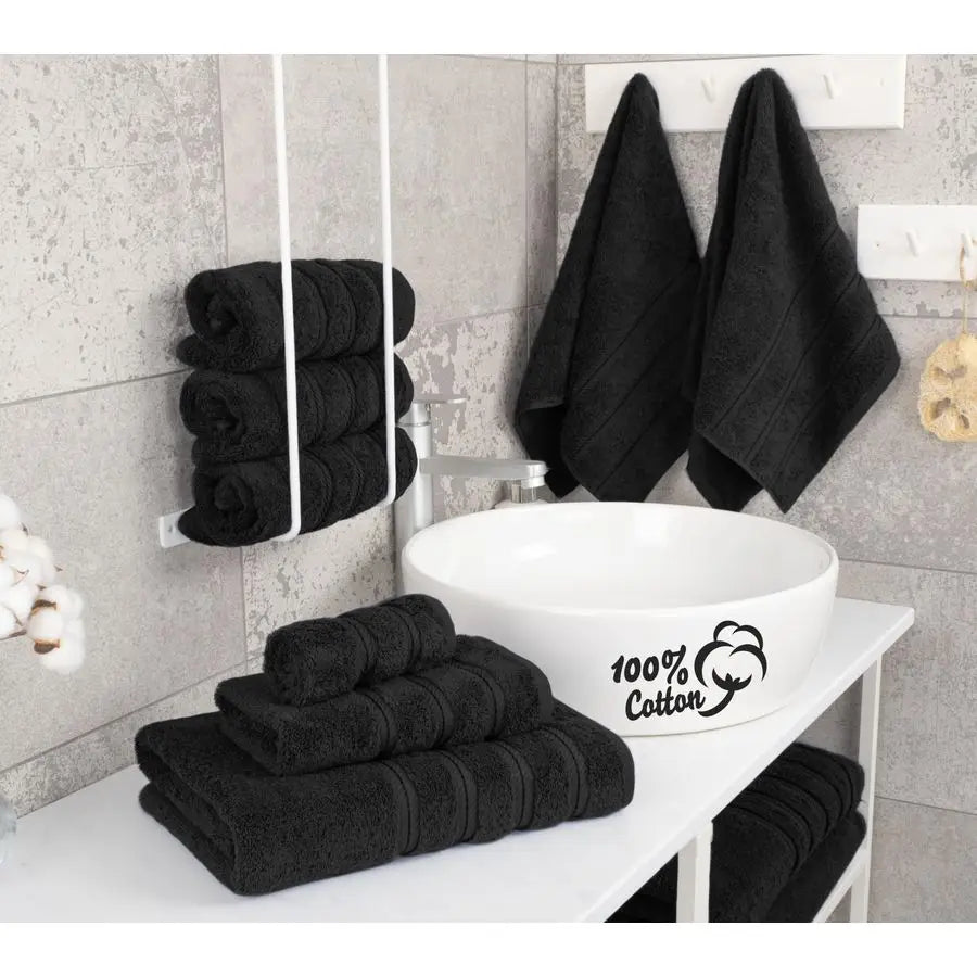 Luxury 6 Piece Towel Set, 2 Bath Towels 2 Hand Towel 2 Washcloths, 600 GSM 100 Cotton Turkish Towels for Bathroom, Black Towel S