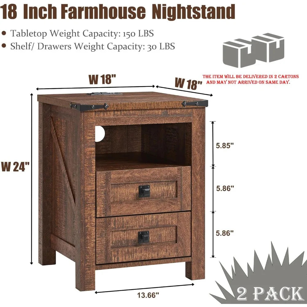 Farmhouse Nightstand Set with Charging Station Rustic Bedroom Nightstands