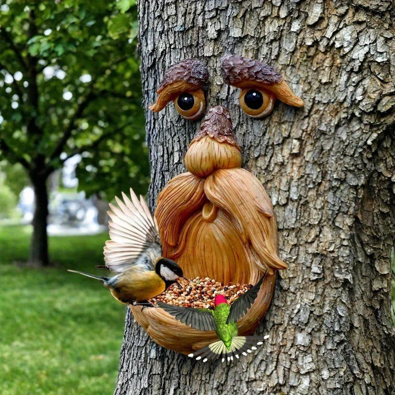 Tree Face Bird Feeder Outdoor Old Man Sculpture Garden Decor
