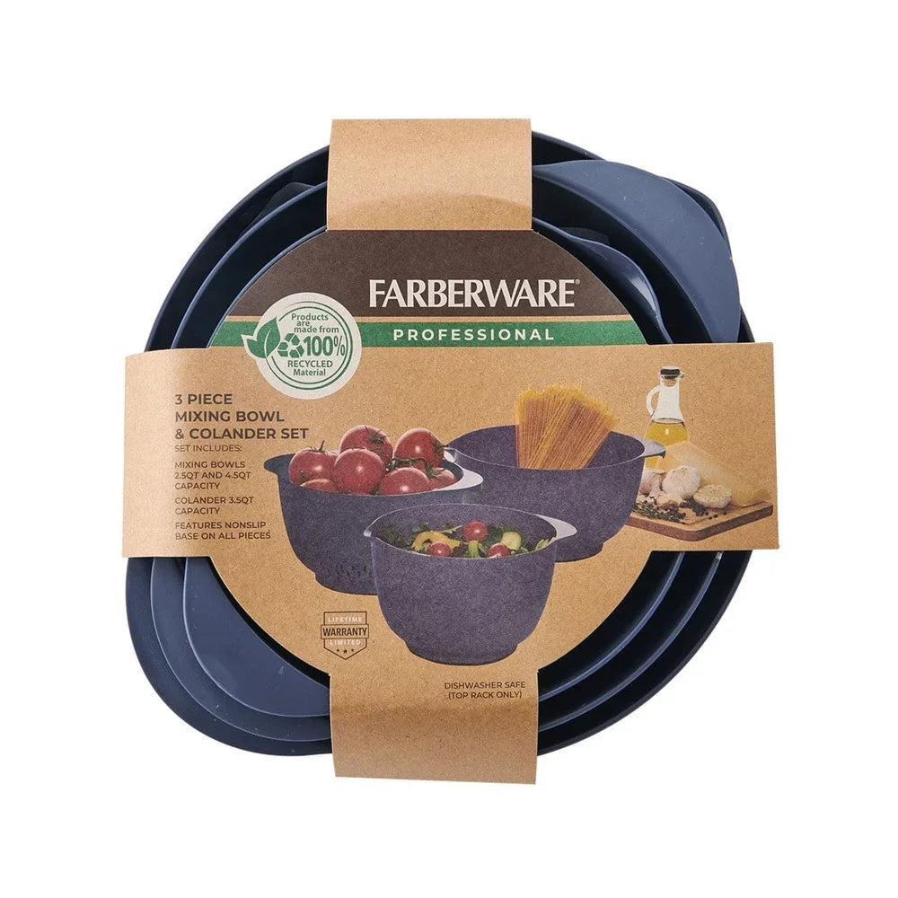 Pro Recycled 3 Piece Bowl Colander Set Non Slip Base Easy Pouring Multi Functional Dishwasher Safe Kitchen Prep Tools