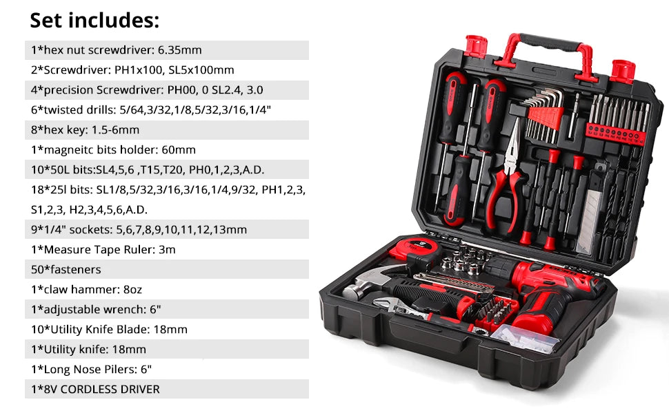 DEKO 8V Cordless Drill Set 126 Piece Home Tool Kit