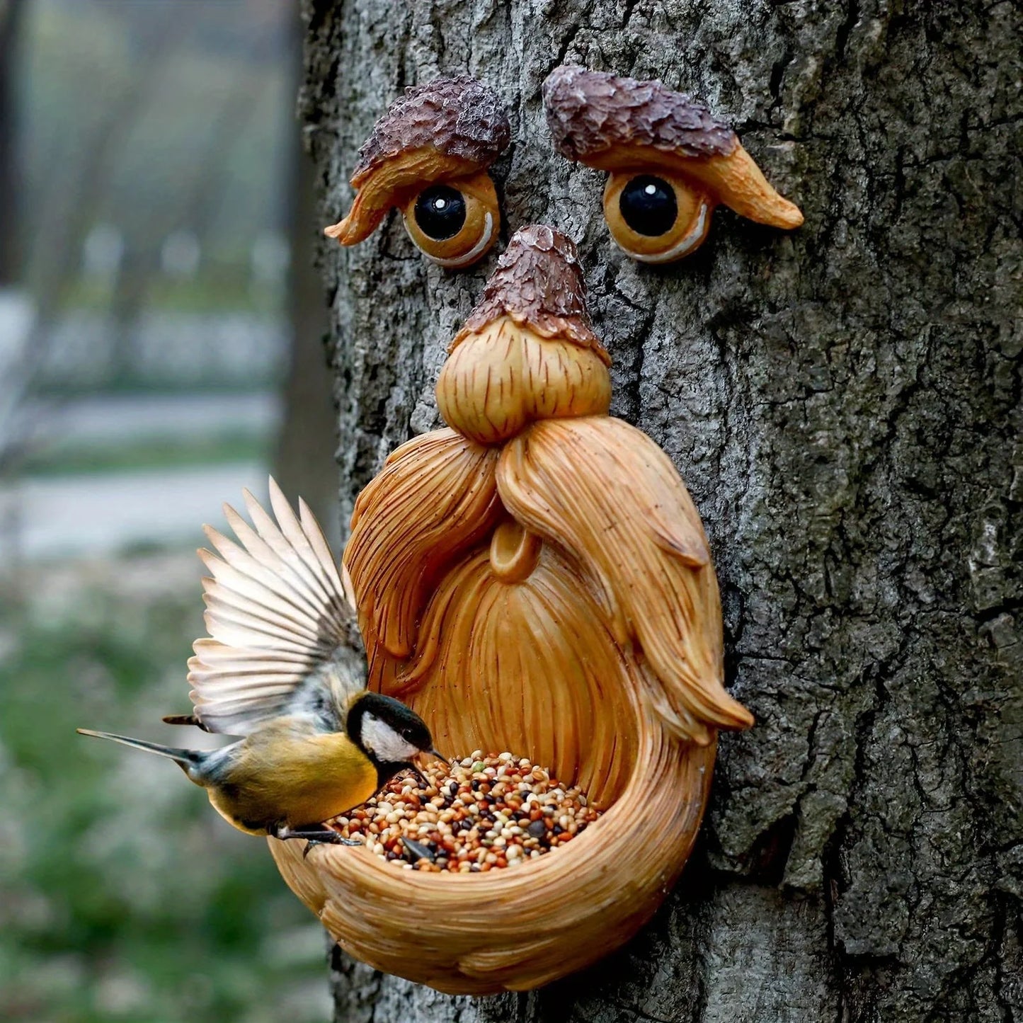 Tree Face Bird Feeder Outdoor Old Man Sculpture Garden Decor