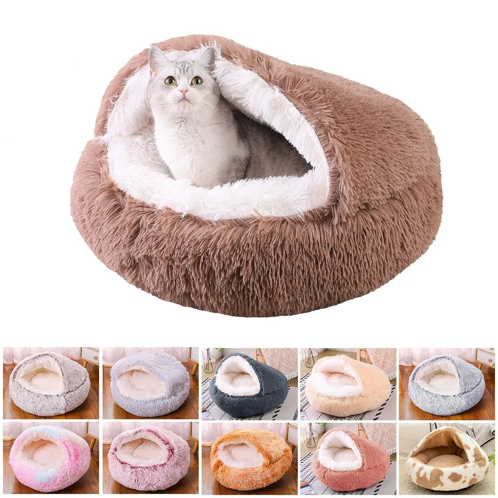 Winter Ultrasoft Plush Round Cat Bed 2 In 1 DeluxeNest