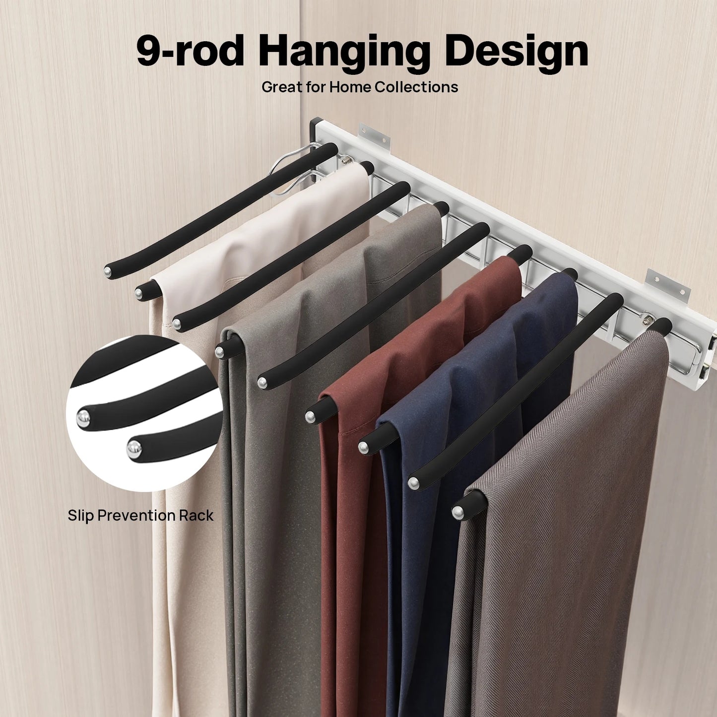 9 Arms Pull Out Trousers Rack Wardrobe Pants Organizer Retractable Closet Pants Hanger Right Left Side Mount