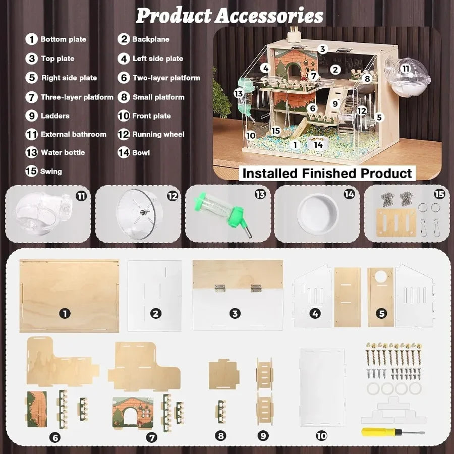 NONECN 11 In 1 Wooden Hamster Cage With Accessories