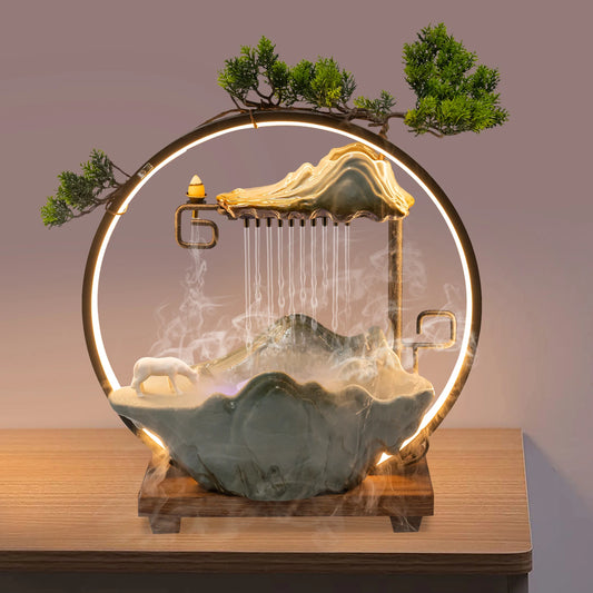 Indoor Tabletop Water Fountain Waterfall Decoration With Mist Rockery Horse Plants LED Quiet For Meditation Feng Shui Home Decor