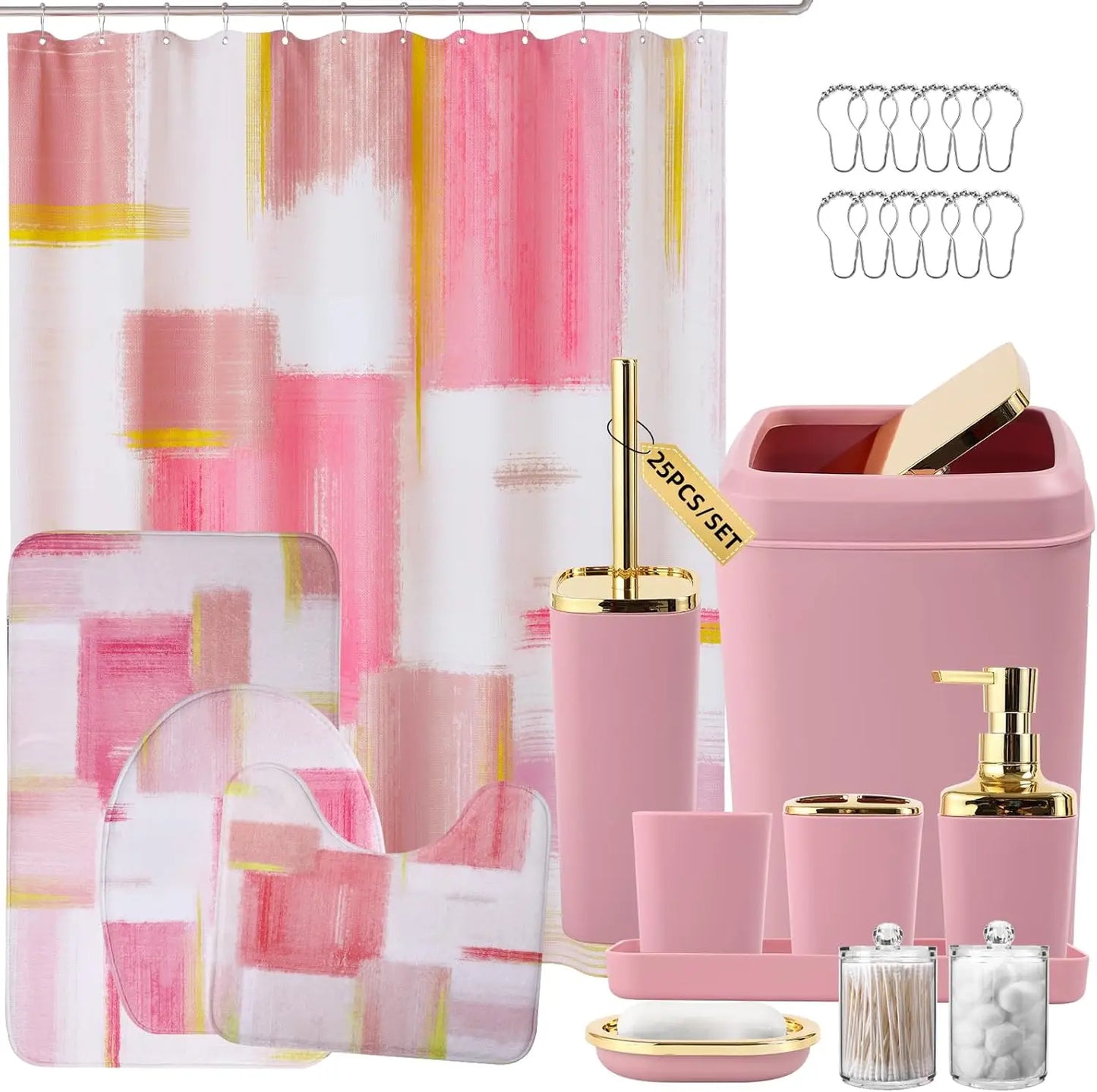 Bathroom Accessories Set With Shower Curtain, Rugs, Trash Can, Dispenser