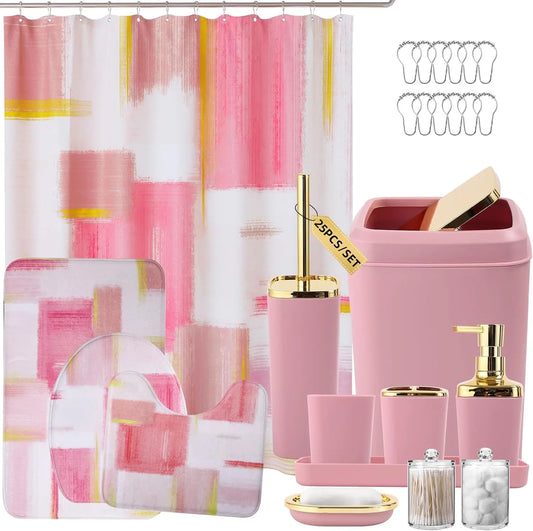 Bathroom Accessories Set With Shower Curtain, Rugs, Trash Can, Dispenser