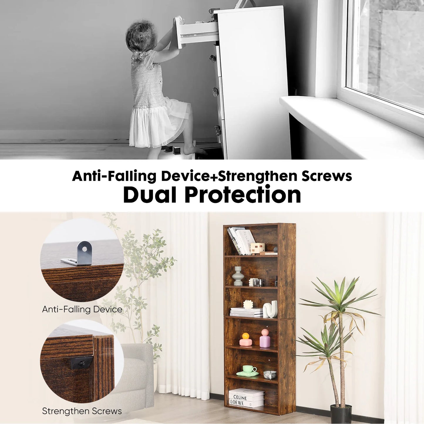 JHK 6 Tier Wooden Shelf Bookcase Floor Standing Living Room