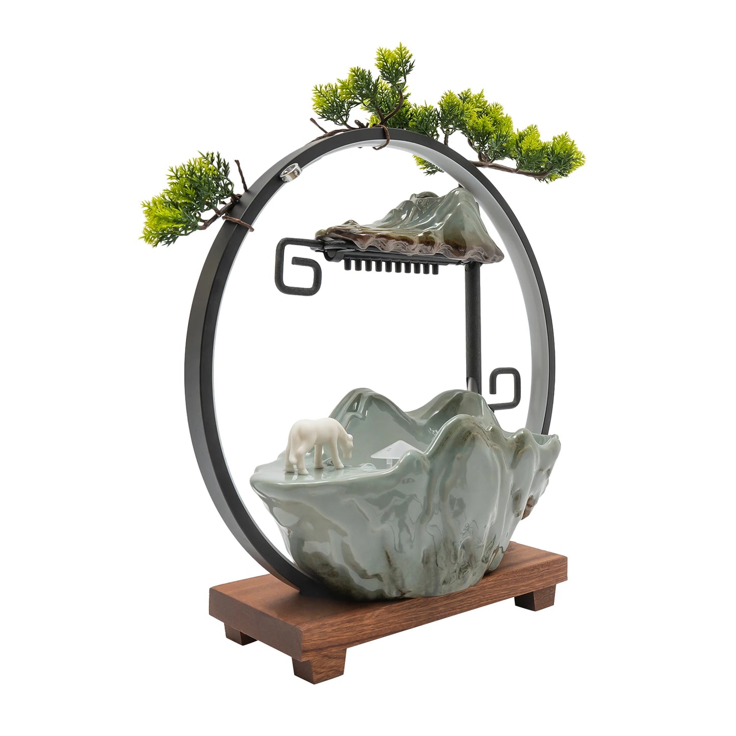 Indoor Tabletop Water Fountain Waterfall Decoration With Mist Rockery Horse Plants LED Quiet For Meditation Feng Shui Home Decor
