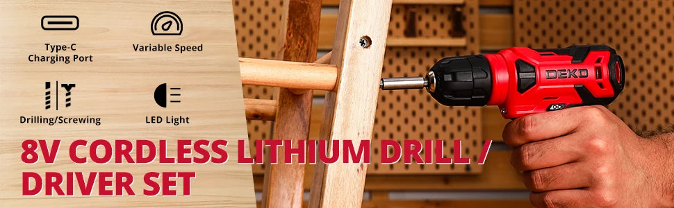 DEKO 8V Cordless Drill Set 126 Piece Home Tool Kit