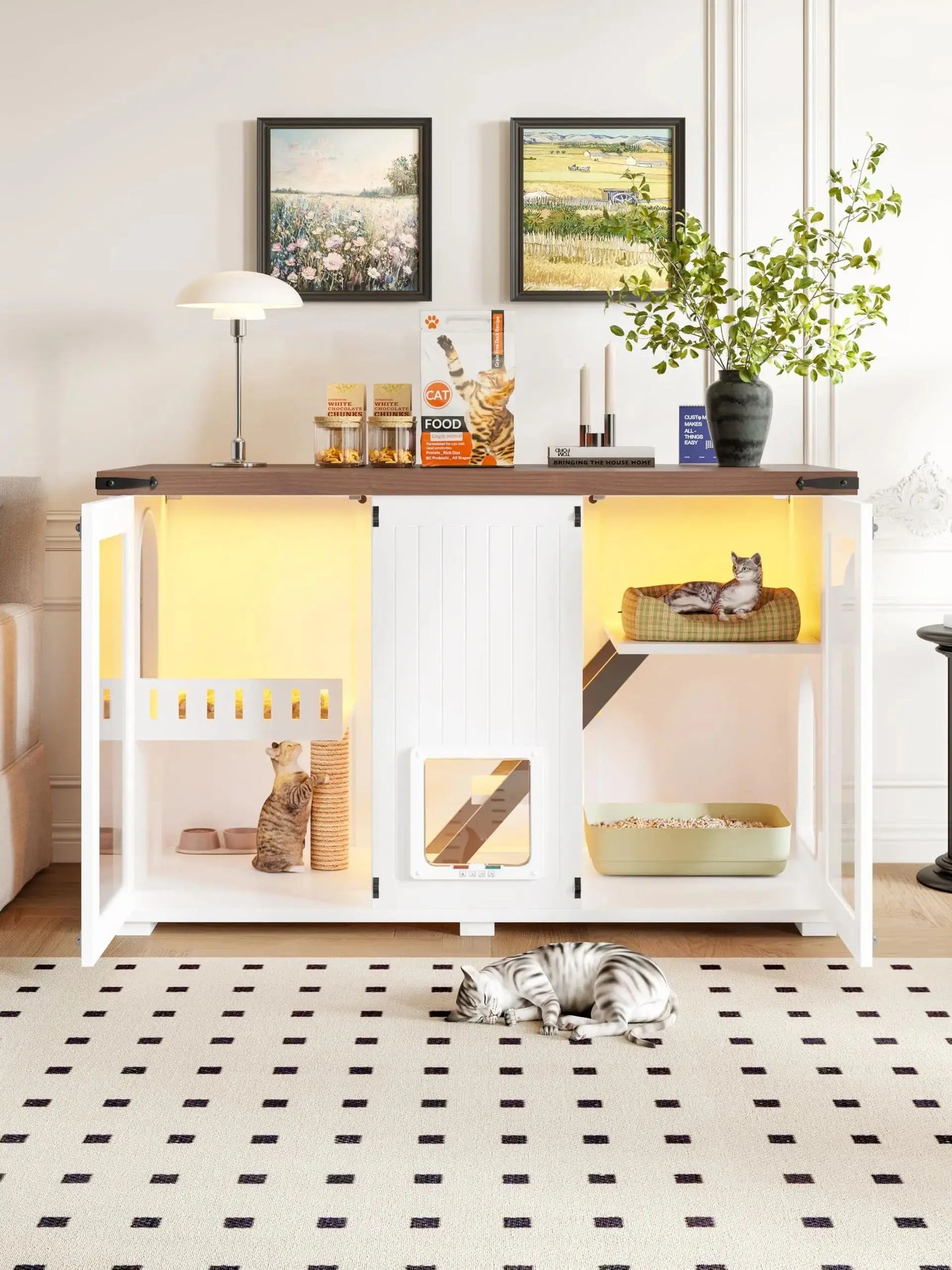 Cat House Hidden Litter Box Enclosure With LED Light