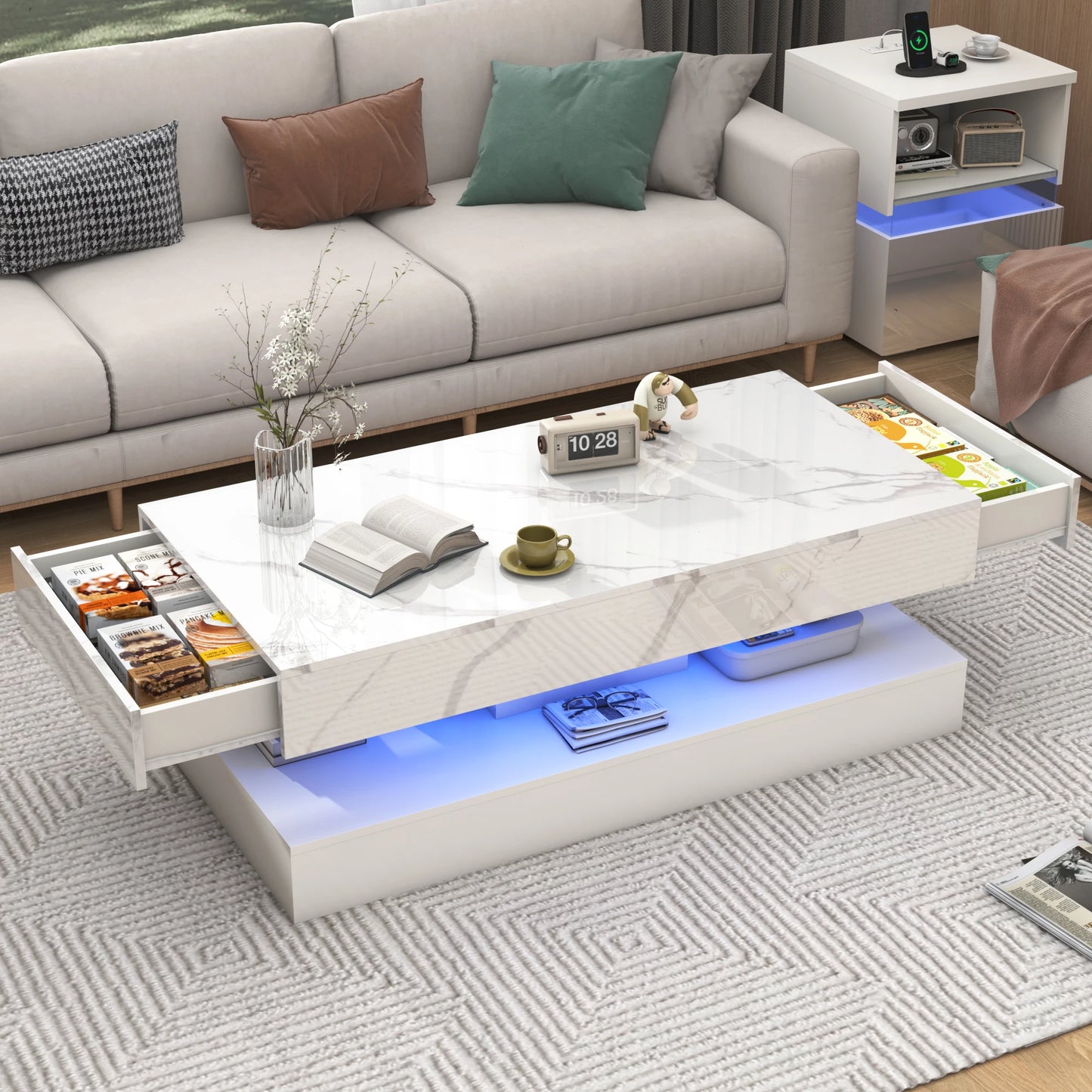 QiaoShiRen Modern LED Coffee Table With Double Layer Drawers