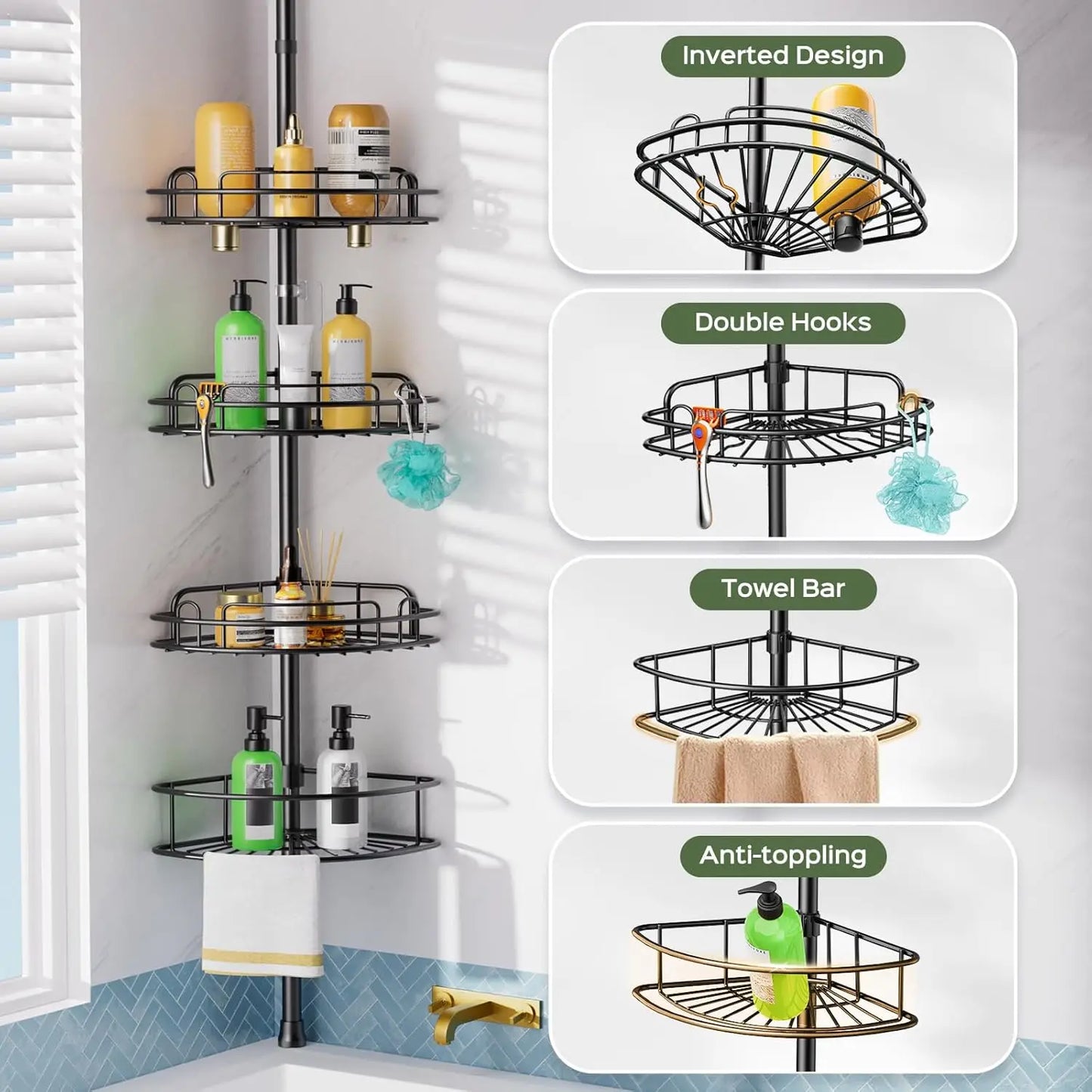 Rustproof 4-Tier Adjustable Shower Caddy Tension Pole No Drill