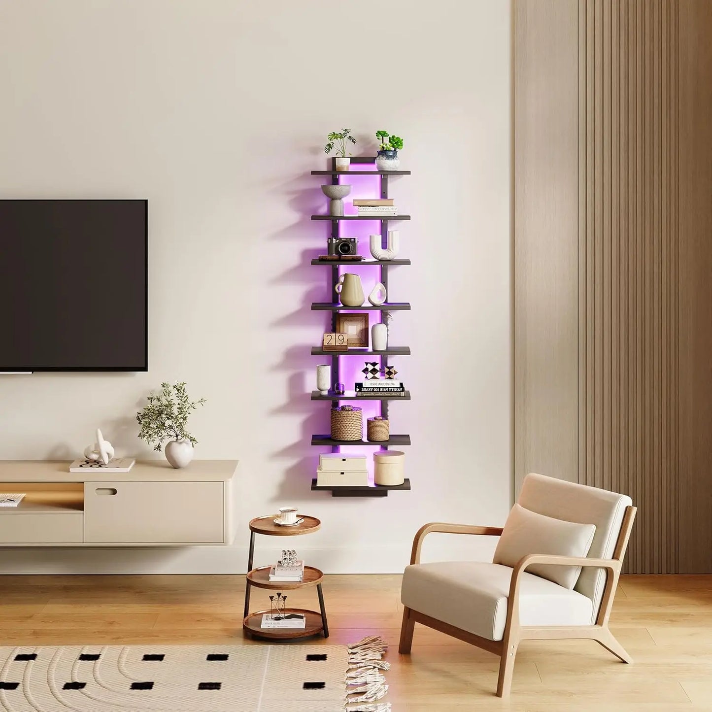 Floating 8-Tier Wall Shelf With LED Light Vertical Display