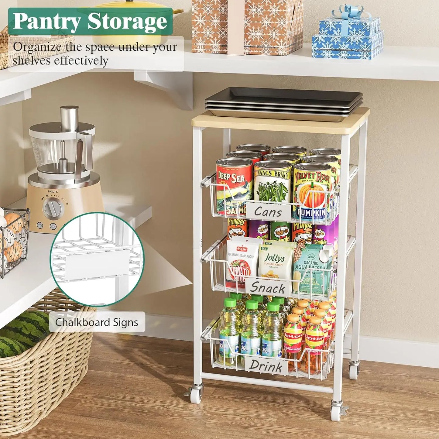 4-Tier Rolling Kitchen Cart With Wood Top And Drawer Baskets