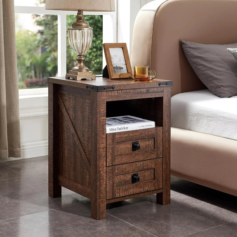 Farmhouse Nightstand Set with Charging Station Rustic Bedroom Nightstands