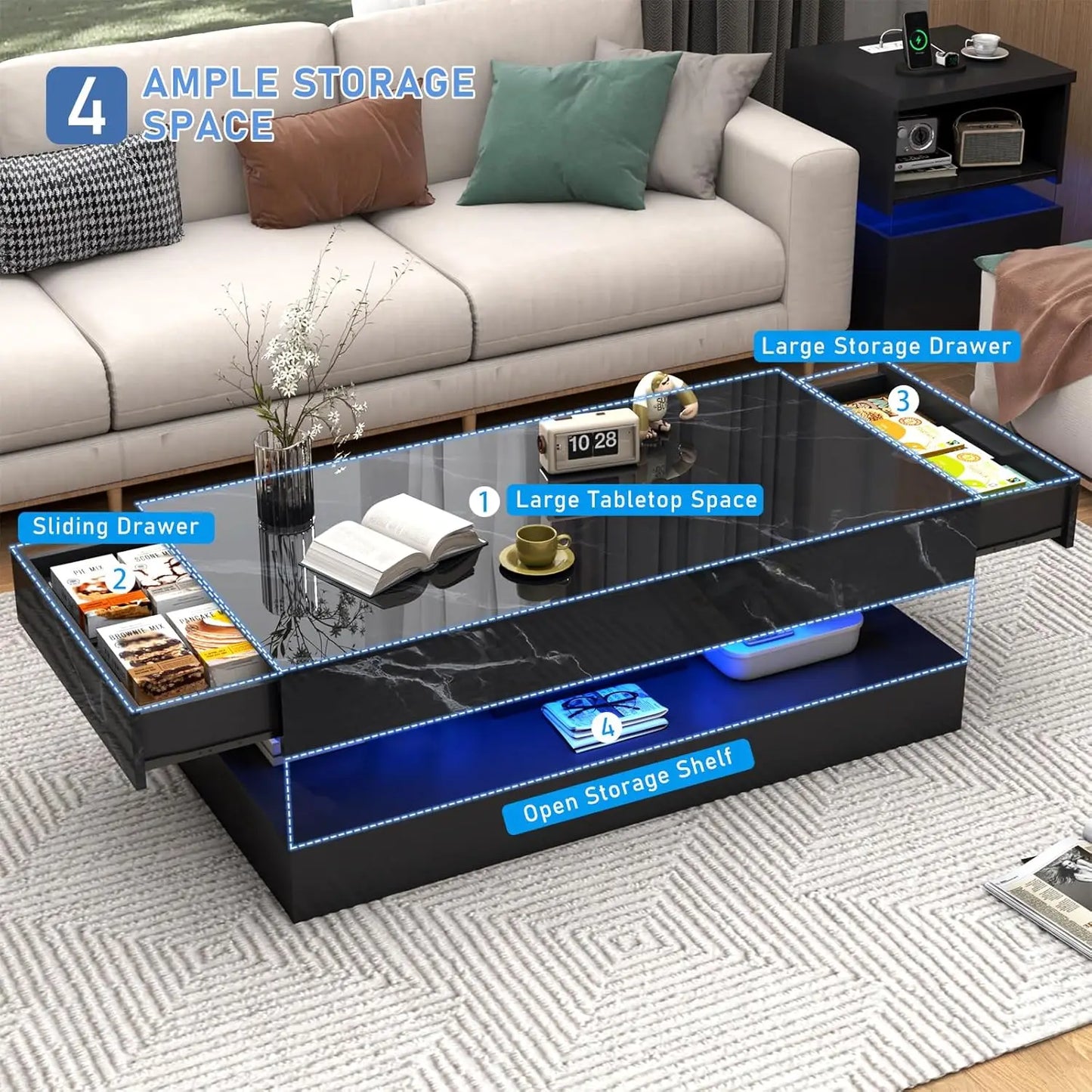 QiaoShiRen Modern LED Coffee Table With Double Layer Drawers